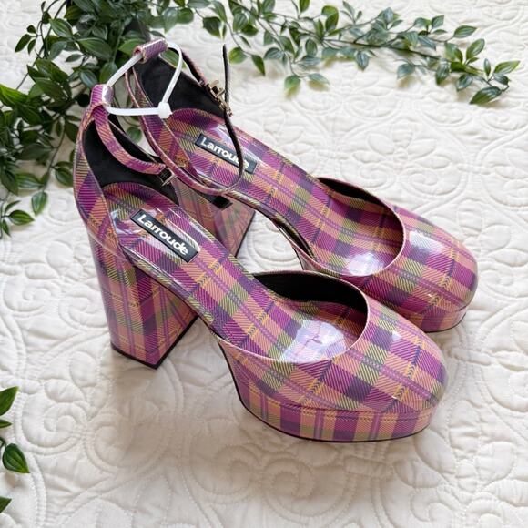 Larroude Ari Pumps in Pink Tartan Patent Leather Sz 8 - Picture 2 of 7